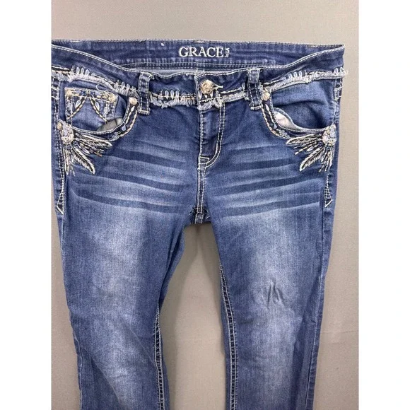 Grace in LA Bootcut Jeans Womens Blue Embroidered Sequin Feather Distressed 31 - Picture 5 of 10